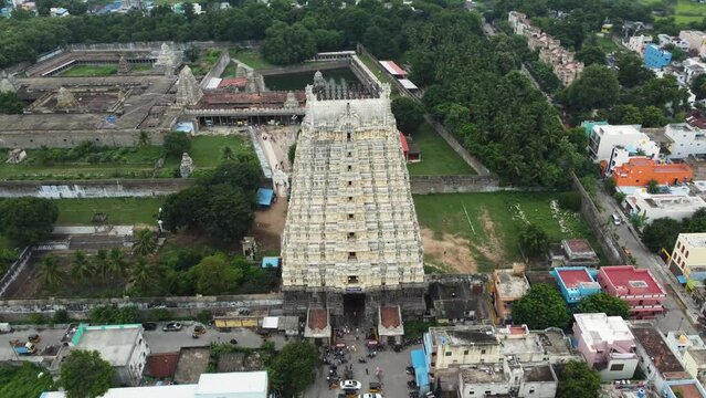 Aerial view of Hindu temple tower. Bird's-eye view of Sri Kanchi Kamakshi Amman Temple, Kanchipuram, Tamil Nadu.