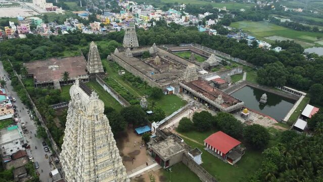 Fly towards Sri Kanchi Kamakshi Amman Temple in Kanchipuram, Tamil Nadu. Wide shot of the magnificent Architecture of Kamakshi Amman Temple.