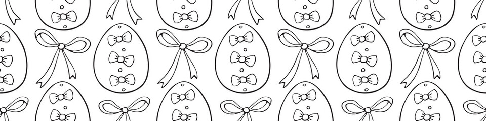 Obraz premium Vector seamless pattern with outline Easter eggs and bows. Spring hand drawn doodle, holiday backgrounds and textures with decorative elements. Traditional digital paper