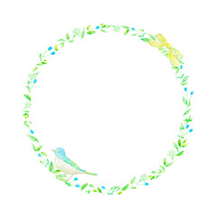 小鳥のとまる青い野花のリース。水彩絵の具で描いたイラスト。
