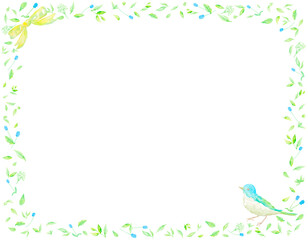 青い小鳥がとまる野花の繊細なフレーム。水彩絵の具で描いたイラスト。