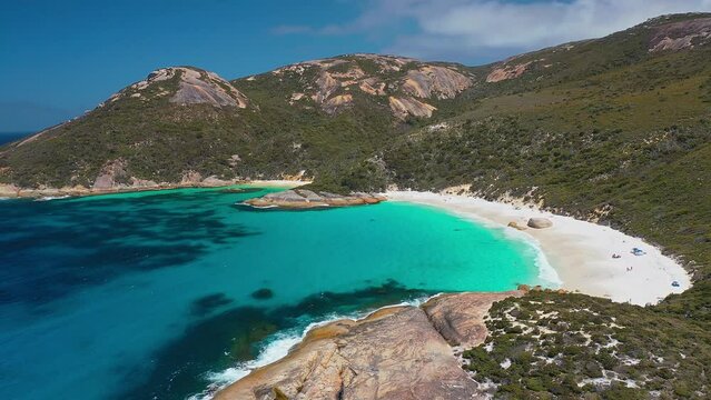 Parallax aerial footage of turquoise colour Little beach, Albany, Western Australia