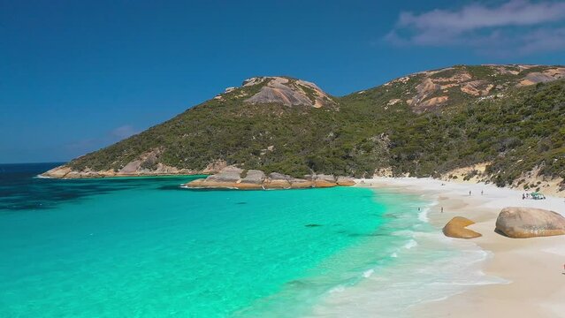 Push in, lower angle aerial video of beautiful Little beach, Albany, Western Australia