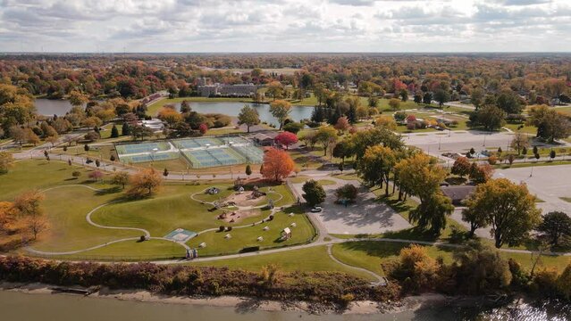 Frank N. Andersen Celebration Park in Saginaw, Michigan, USA, aerial establishing shot