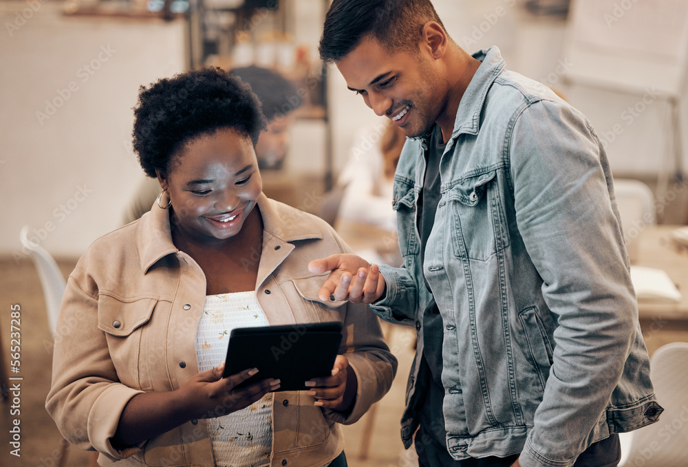 Wall mural business, man and black woman with tablet, social media and connection for website, conversation and