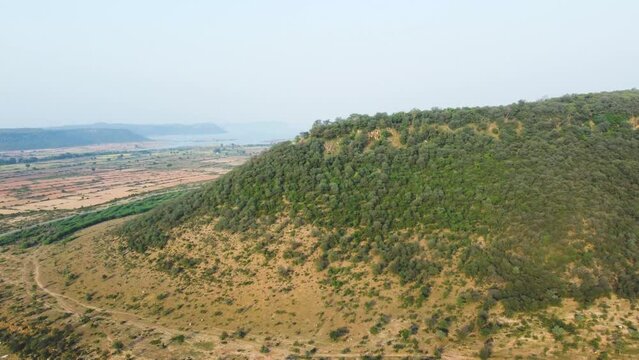 Aerial drone shot of a Hill forest of Gwalior at Tigra dam , Madhya Pradesh , India