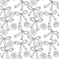 Seamless pattern with different bows, ribbons, clothes buttons. Cute fun simple abstract vector background, texture for fabric, wrapping paper, kids design. Sewing, textile theme.