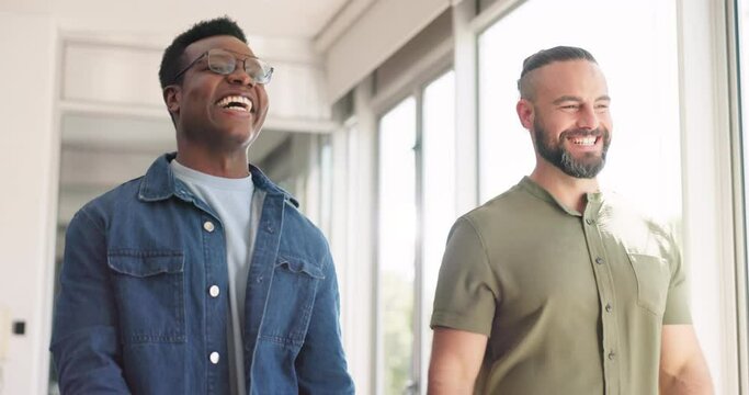 Business, men and fist bump for achievement, celebration and new contract with smile, bonding and office. Male employees, window or guys with hand gesture, happiness or corporate success in workplace