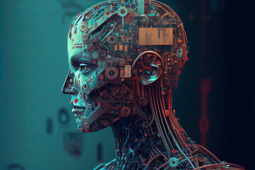 Cybernetic robotic human head, half human half machine, science fiction, generative AI illustration