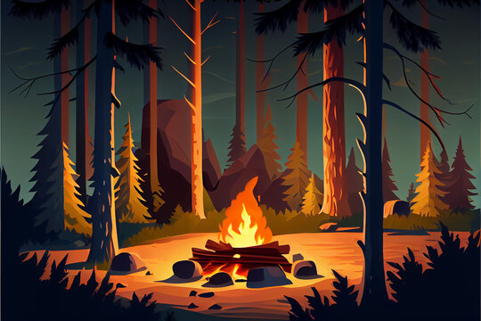Cozy and inviting fire in forest.