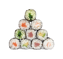 Delicious fresh sushi rolls on white background