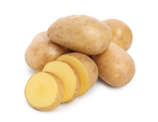 Whole and cut fresh potatoes on white background