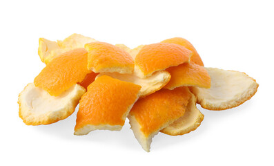 Many orange fruit peels preparing for drying isolated on white