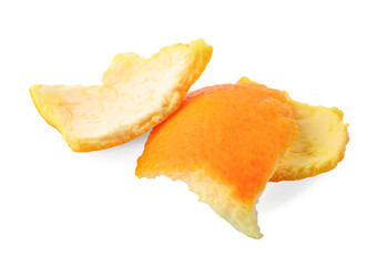 Fototapeta na wymiar Three orange fruit peels preparing for drying isolated on white