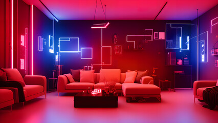 futuristic looking living room with red and blue neon lights
