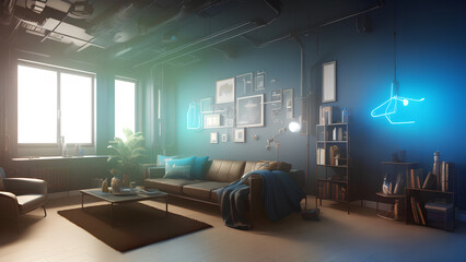 steampunk looking living room with blue neon light and bright window