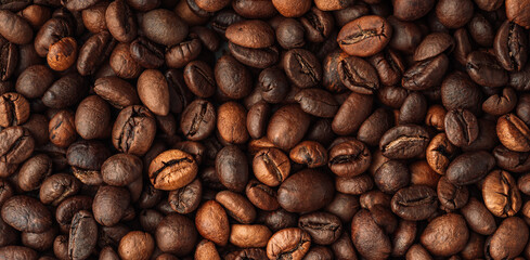Background coffee beans a lot closeup.