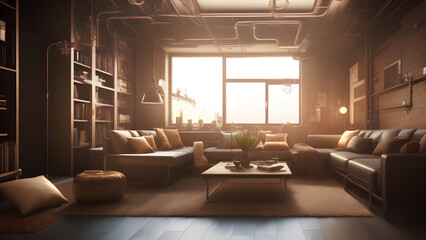 futuristic looking living room in steampunk style,brown sofa and furniture,bright window