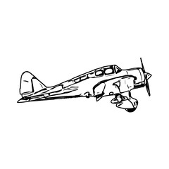 black and white sketch of a classic airplane with transparent background