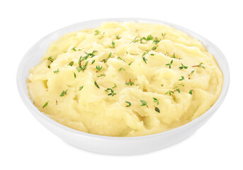 Bowl of tasty mashed potato with rosemary isolated on white