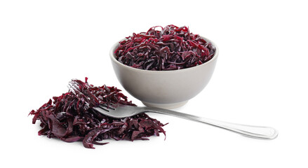 Bowl and spoon with tasty red cabbage sauerkraut isolated on white