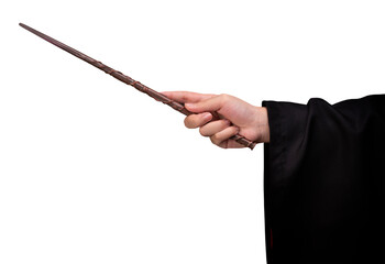 Miracle magical wand stick, Teens hand holding a wand wizard conjured up in the air on white PNG...