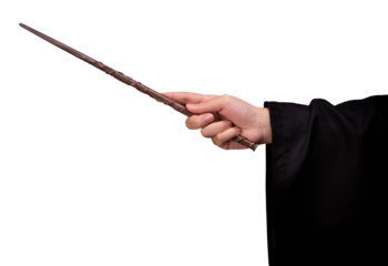 Miracle magical wand stick, Teens hand holding a wand wizard conjured up in the air on white PNG file