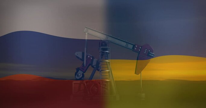 Animation of flags of ukraine and russia over working oil pump