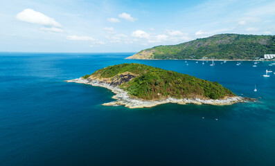 Fototapeta na wymiar Drone aerial view shot of Tropical sea with beautiful small island in Phuket Thailand