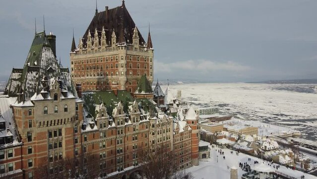 Qu&eacute;bec- Ch&acirc;teau Frontenac and Dufferin Terrace Aerial in Winter