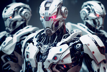 White robot army or group of cyborgs. Generative AI.