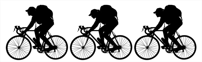 Obraz premium Young women ride bicycles one after another. A group of cyclists in caps and with backpacks on their backs. Tourists. Side view, profile. Three black female silhouettes isolated on white background