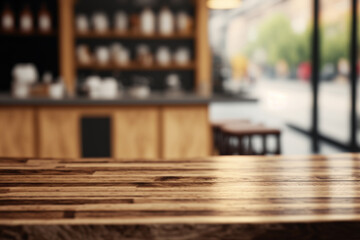 Empty wooden table top with view of coffee shop or wooden desk with empty space for product display created by Generative AI Technology