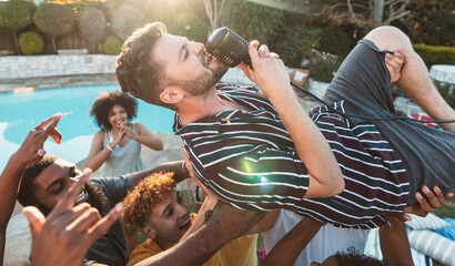 Microphone, singing and crowd surfing with a man performer at a party outdoor during summer. Concert, energy and audience with a male singer being carried by a group of people at a performance event - Powered by Adobe