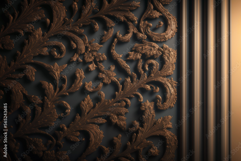 Wall mural bronze colored ornate squiggled floral fresco texture on black background. generative ai