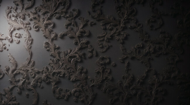 Bronze colored ornate squiggled floral fresco texture on black background. Generative AI