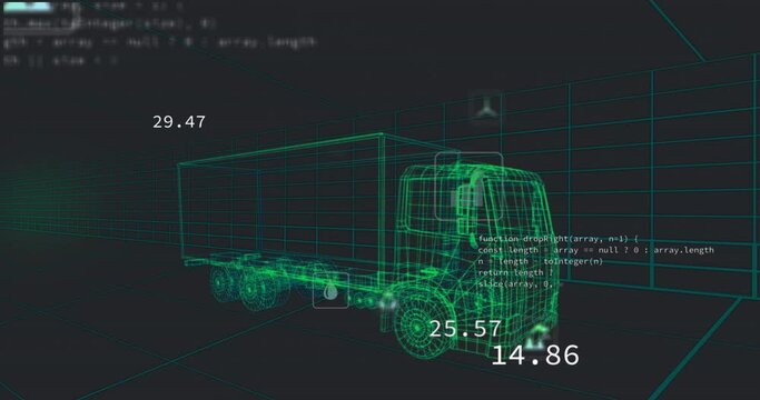 Animation of digital car interface and data processing over 3d model of car