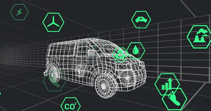 Animation of digital car interface and eco icons over 3d model of car