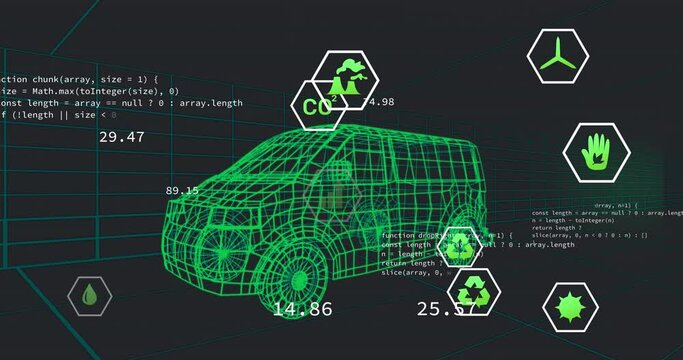 Animation of digital car interface and eco icons over 3d model of car