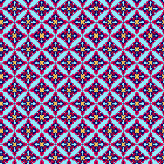 Obraz premium Abstract geometric mosaic fabric pattern with yellow, blue and red motifs on a blue background