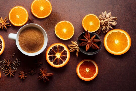 Orange slices, star anise, carbamon seeds and cloves. Ingredients for winter hot drinks. Spices for glög and mulled wine in a linear style. Can be used for restaurant, cafe menu design. Generative AI