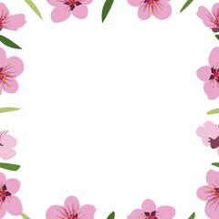 Background of blooming pink flowers and green leaves. Vector illustration