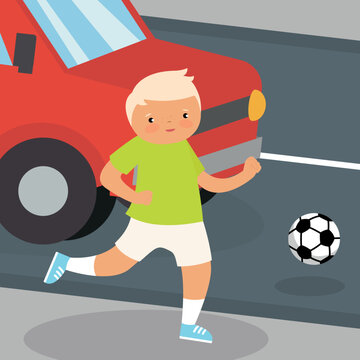 The boy ran out onto the road to get the ball, risking being hit by a car.