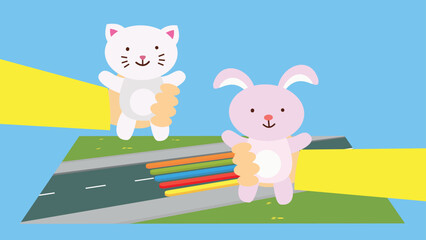 Toy kitten and hare on the background of a pedestrian crossing