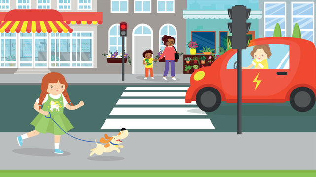 Mom with a child and a girl with a dog waiting for the green light of a traffic light at a pedestrian crossing
