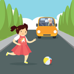 The girl ran for the ball on the road along which the car was driving