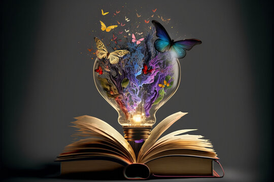 lightbulb in a book explodes in ideas, butterflies, colours and paint - ai, generative ai, generative