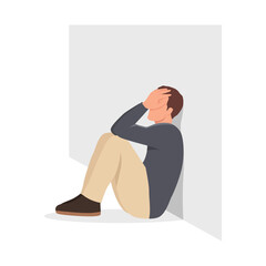 Young man depressed and sit on the floor. Flat vector illustration isolated on white background - obrazy, fototapety, plakaty