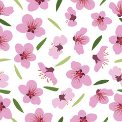 Seamless pattern of blooming pink flowers and green leaves. Vector illustration