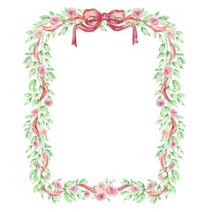 Watercolor Greenery Floral Frame with flowers, bows and ribbons